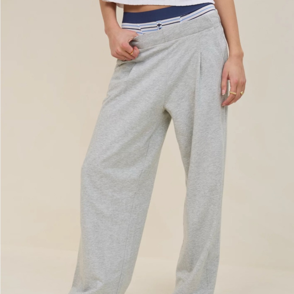 Aerie Lightweight Fleece Trouser - Light Blue Wide-Leg Pleated Lounge Pants